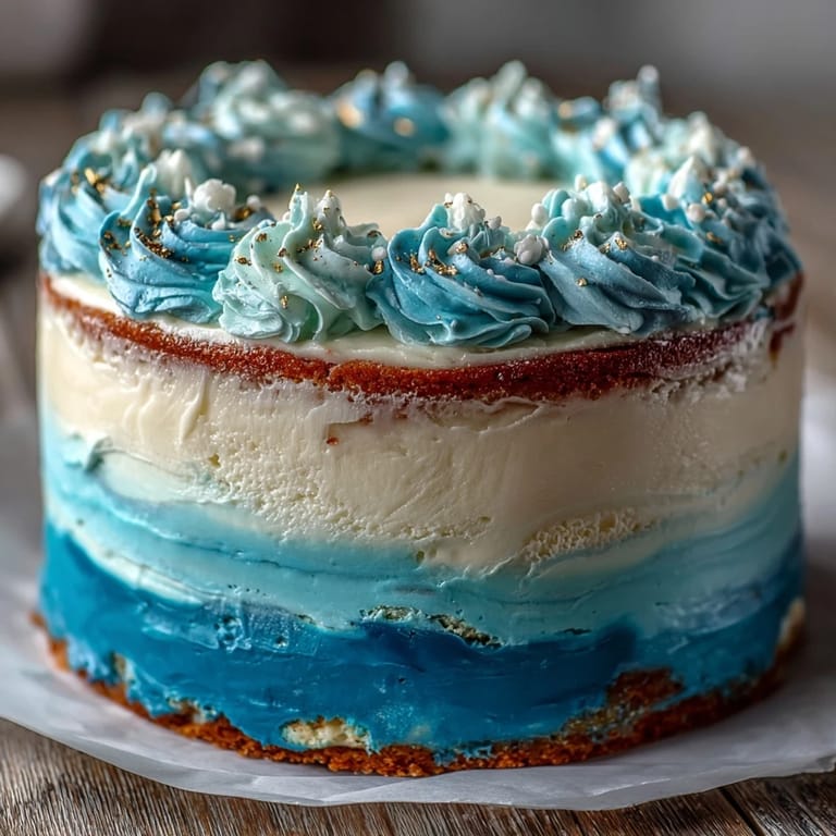 Three-layer blue ombre cake with creamy vanilla frosting, adorned with edible gold details for a festive graduation dessert.