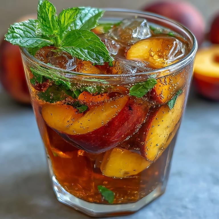 Sparkling mango peach tea with juicy fruit garnish and fresh mint, a cool and fizzy beverage for gatherings.
