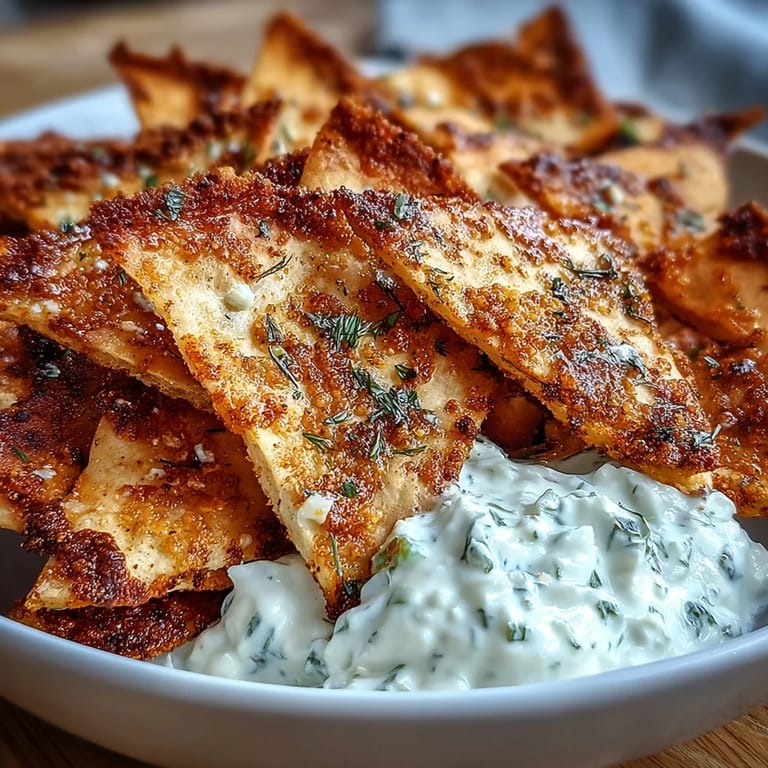Golden-baked pita chips with a sprinkle of sea salt and paprika, paired with fresh tzatziki for dipping.