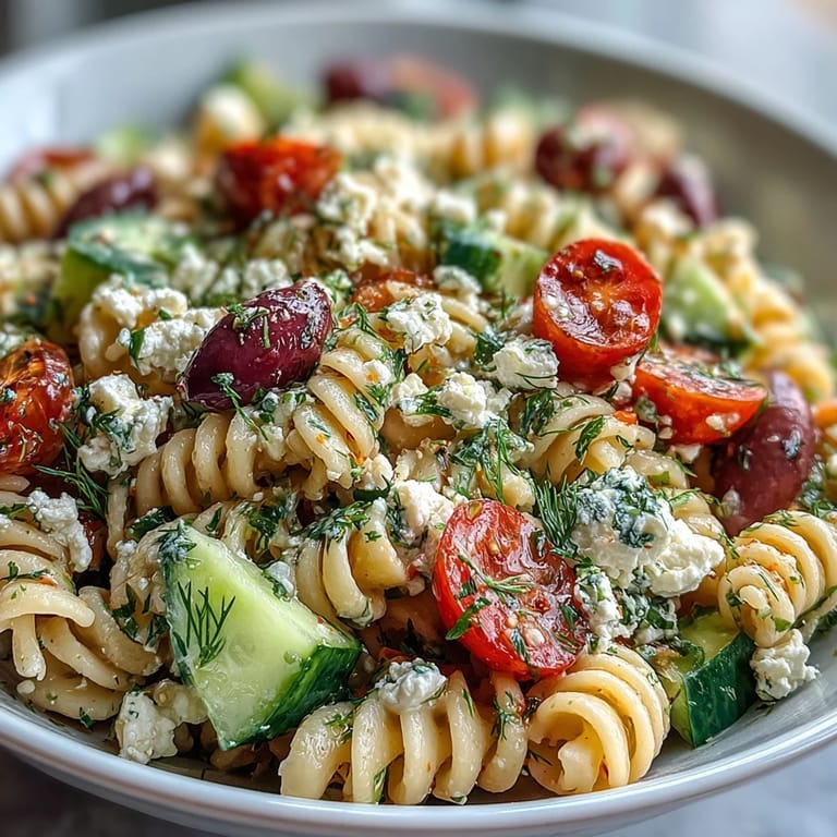 Colorful Greek-style pasta salad with Kalamata olives, red onion, bell pepper, and feta, perfect for picnics or warm weather gatherings.