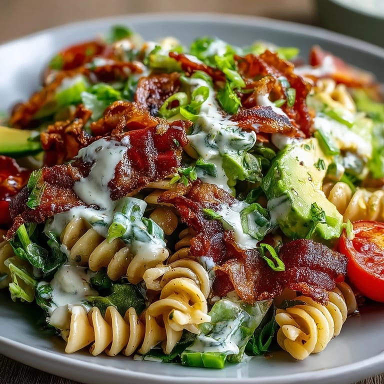 Creamy BLT Pasta Salad with Bacon and Avocado, featuring al dente pasta, juicy tomatoes, and crunchy lettuce for a satisfying bite.