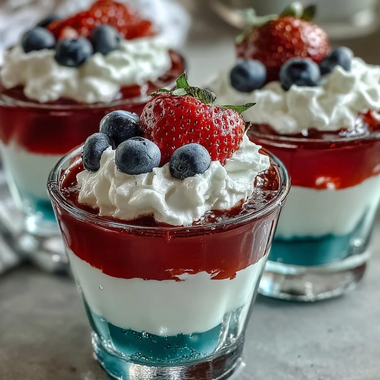 Patriotic Red, White, and Blue Layered Jello Cups garnished with whipped cream and fresh berries, perfect for Fourth of July celebrations.