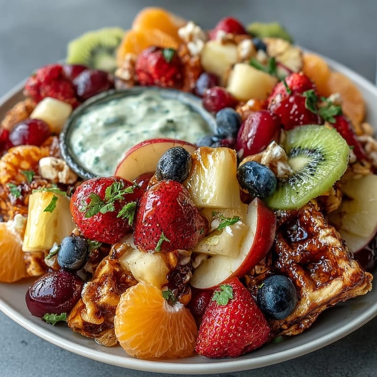 Colorful spring fruit table platter arranged with juicy berries, tropical mango, and crisp apple, paired with smooth yogurt-honey dip.