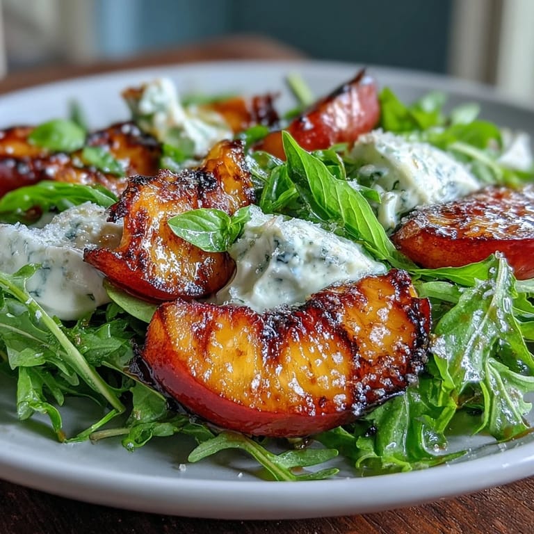 Vibrant summer salad with grilled peach wedges, fresh burrata, and arugula, finished with honey drizzle and a sprinkle of sea salt.