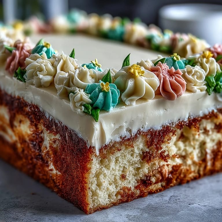 A moist vanilla sheet cake topped with smooth buttercream, adorned with delicate floral piping in pastel hues, perfect for First Communion celebrations.