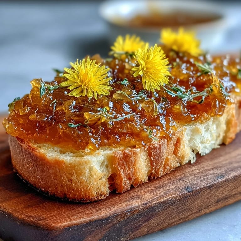 Bright, honey-colored dandelion jelly in a glass jar, perfect for topping scones or adding to cheese boards.