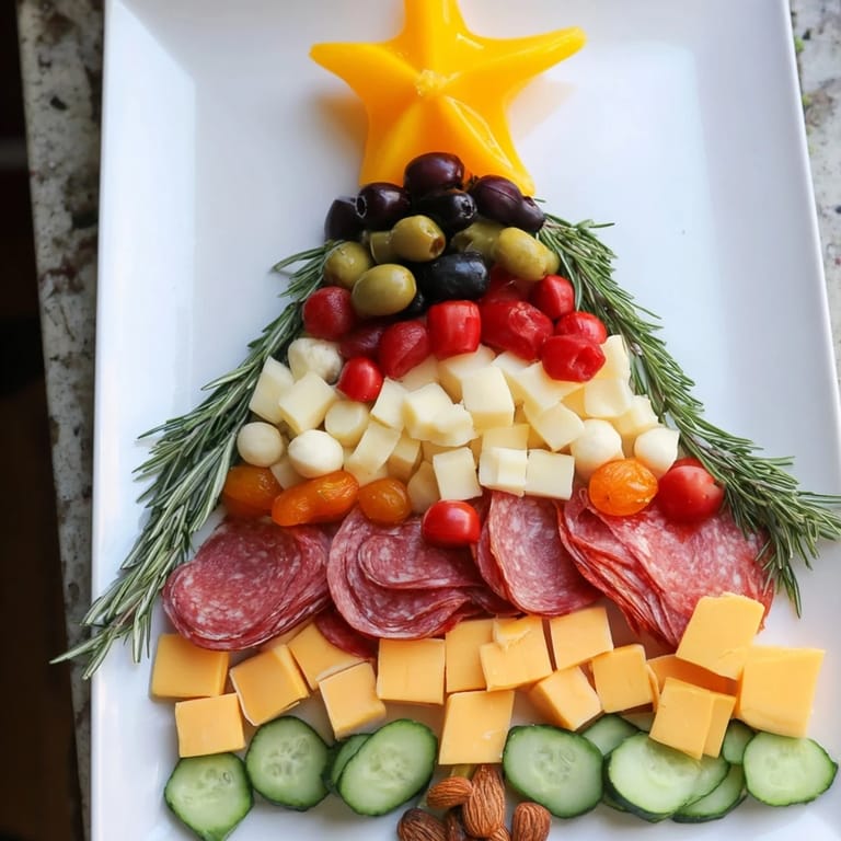Fresh rosemary frames a festive Christmas Tree Snack Board, brimming with tasty bites for easy entertaining.