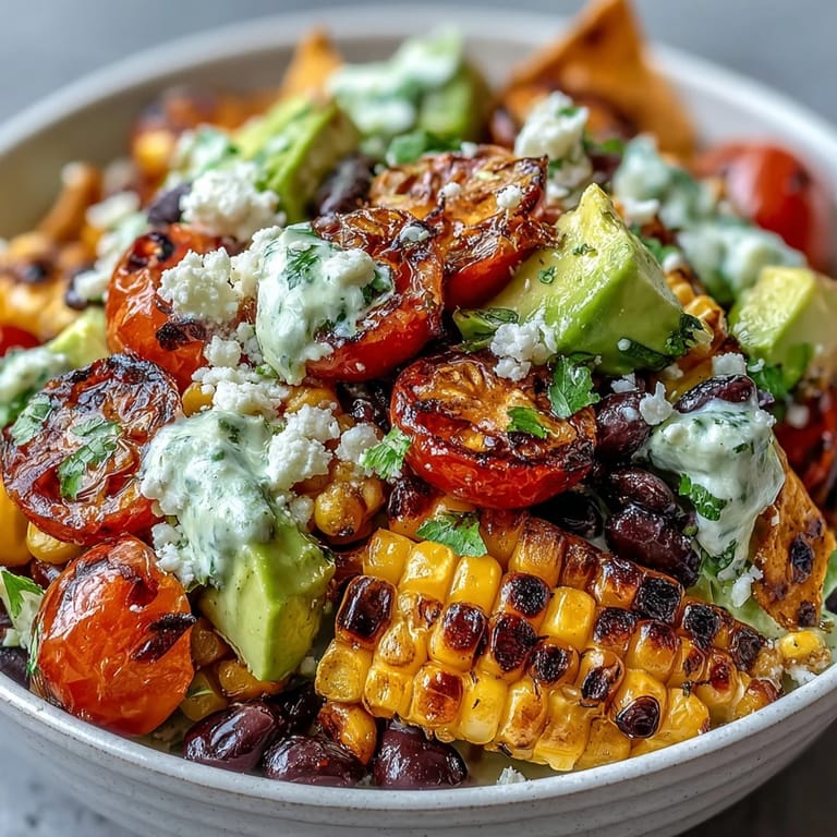 A colorful vegetarian taco salad featuring charred corn, black beans, and crunchy tortilla chips.  