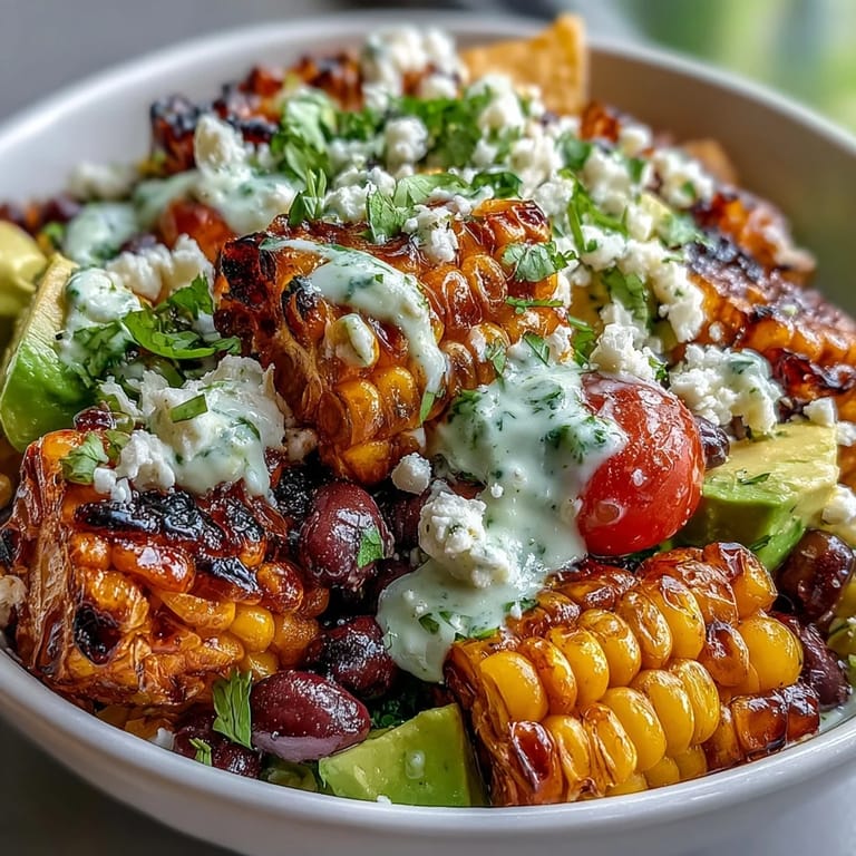 Vibrant summer salad with grilled corn, black beans, cherry tomatoes, and creamy avocado slices.