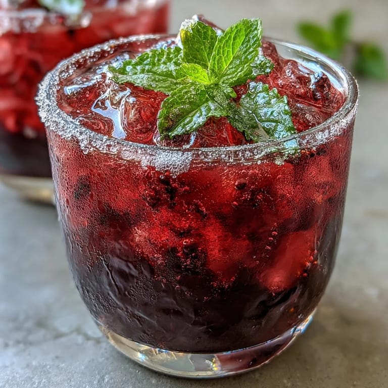 Bright red hibiscus-infused lemonade topped with chilled sparkling water, served over ice with lemon and mint for a zesty mocktail.