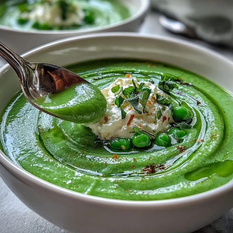 Silky smooth pea soup with creamy whipped ricotta and a drizzle of bright green mint oil, perfect for a light spring meal.