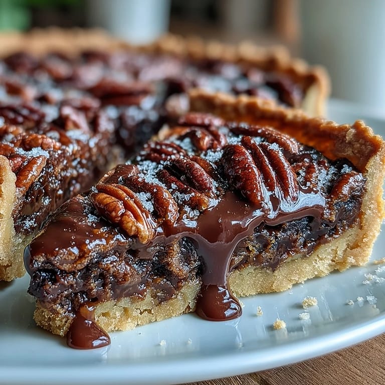 Decadent chocolate bourbon pecan tart featuring a flaky pastry shell filled with gooey, bourbon-infused chocolate and crunchy pecans.