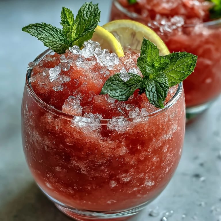 Refreshing Frozen Watermelon Lemonade Slushie garnished with mint, ideal for cooling down.