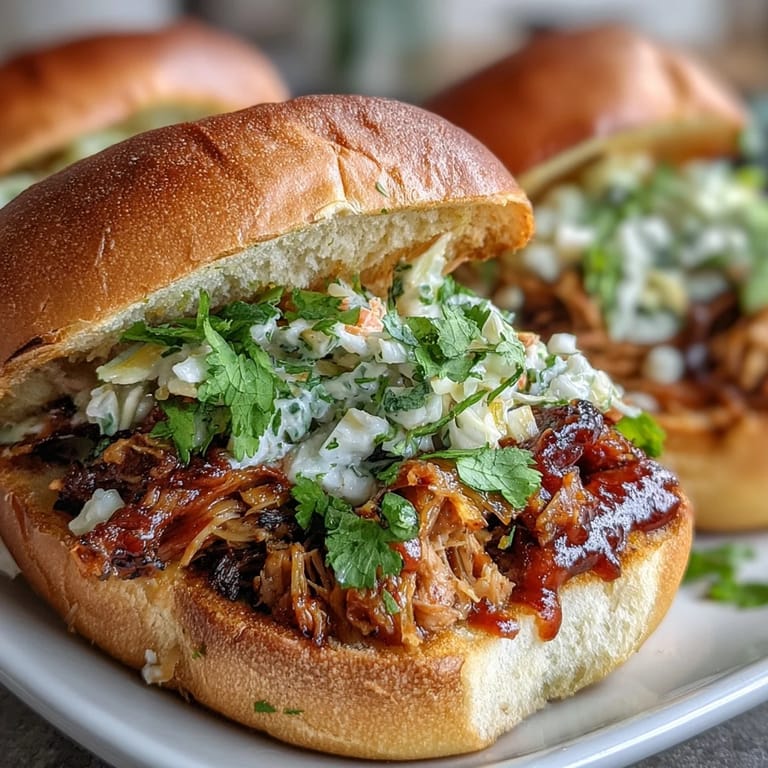 BBQ Pulled Jackfruit Sandwiches piled high with creamy coleslaw, ready to enjoy.