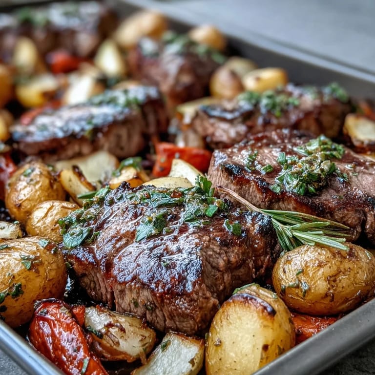Roasted vegetables and tender steak make this Father's Day Sheet Pan Dinner a flavorful delight.
