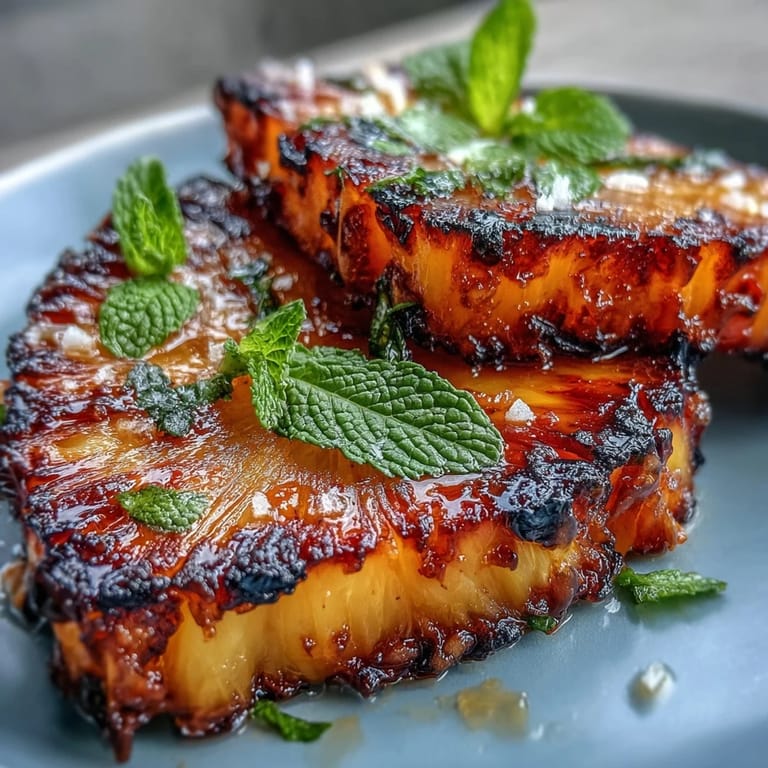 Tropical grilled pineapple rings kissed by smoky char, brightened by yuzu butter.