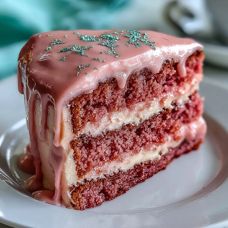 Generous slice of Bridal Shower Rosé Velvet Cake, showcasing moist crumb and rich frosting.