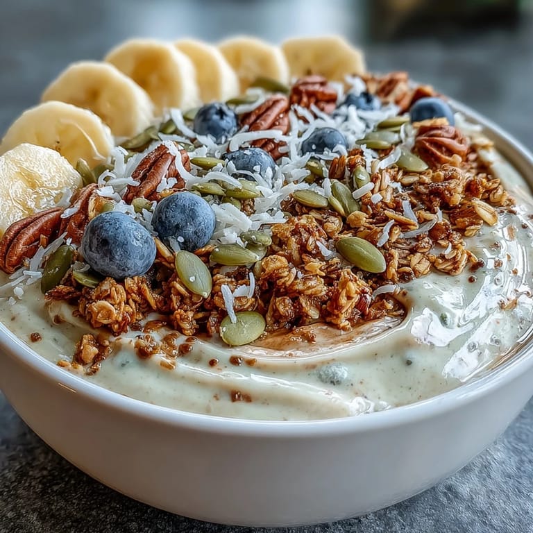 Vibrant high fiber smoothie bowl, topped with crunchy granola and seeds for breakfast.