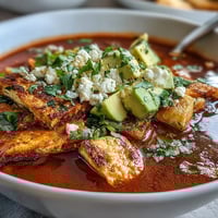 Sopa Azteca with rich red broth, crispy tortilla strips, creamy avocado, and panela cheese.