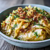 A close-up of vibrant green cabbage simmering in creamy coconut milk, infused with turmeric and cumin for a warm, comforting side dish.  