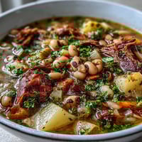 Steaming bowl of Black-Eyed Pea Stew with Smoked Ham Hocks, served with a side of cornbread.