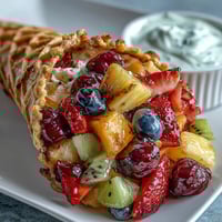 Vibrant fruit-filled waffle cones with strawberries, blueberries, and kiwi served alongside a creamy yogurt dip.