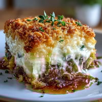 A golden, cheesy funeral potatoes shepherds pie mash-up casserole topped with crunchy cornflakes and bubbling cheddar.