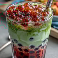 Vibrant strawberry matcha boba drink with fresh strawberries, creamy milk, and chewy tapioca pearls served in tall glasses.
