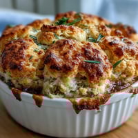 Golden biscuit-topped chicken pot pie with creamy filling, vegetables, and tender chicken baked to perfection.  