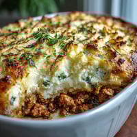A hearty turkey shepherd's pie with creamy cauliflower-potato mash and savory ground turkey filling, baked to golden perfection.