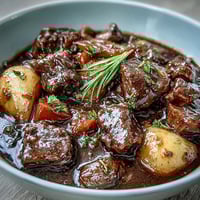 A warm bowl of cozy beef stew with tender chunks of beef and hearty root vegetables in a savory broth.  