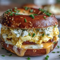 Protein bagel breakfast sandwich with fluffy scrambled eggs and melted cheddar cheese, perfect for healthy meal prep.