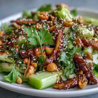 A colorful Crunchy Celery Peanut Salad with soy ginger dressing, featuring crisp celery, roasted peanuts, and fresh herbs for a vibrant, healthy meal.