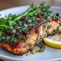 A golden, herb-crusted salmon fillet served with roasted asparagus and fresh lemon slices on a rustic wooden platter.  