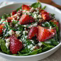 Fresh strawberry spinach salad with poppyseed dressing in a white bowl, topped with sliced almonds and feta cheese.