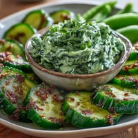 Fresh green snack board with cucumber, snap peas, and avocado ranch dip for healthy appetizers.  