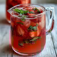 A vibrant pitcher of strawberry basil lemonade mocktail, bursting with fresh strawberries, aromatic basil, and zesty lemon slices.  