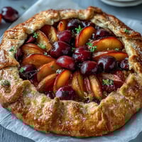 Golden Summer Stone Fruit Galette with Frangipane, featuring ripe peaches, plums, and apricots atop almond cream, baked in a rustic, flaky pastry crust.