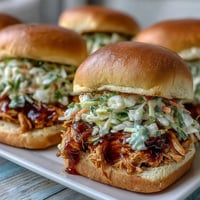 Juicy BBQ chicken sliders piled high with tangy coleslaw, served on soft toasted buns for a perfect summer bite.  
