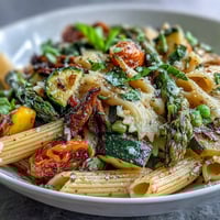 Spring Pasta Primavera with Fresh Veggies bursting with colorful vegetables and fragrant herbs in a light lemon sauce.