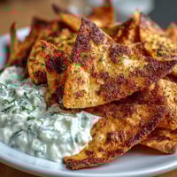Crispy homemade pita chips baked golden and served with cool, creamy tzatziki for a perfect Mediterranean snack.
