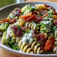 Fresh BLT Pasta Salad with Bacon and Avocado, loaded with cherry tomatoes and crisp romaine in a creamy dressing.