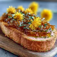 Golden dandelion jelly with delicate floral notes, spread on warm buttered toast for a springtime treat.