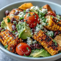 Grilled Corn and Black Bean Taco Salad with fresh avocado, crisp lettuce, and zesty lime dressing.  