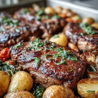 Juicy Father's Day Steak and Potato Sheet Pan Dinner cooked to perfection, ready to serve.
